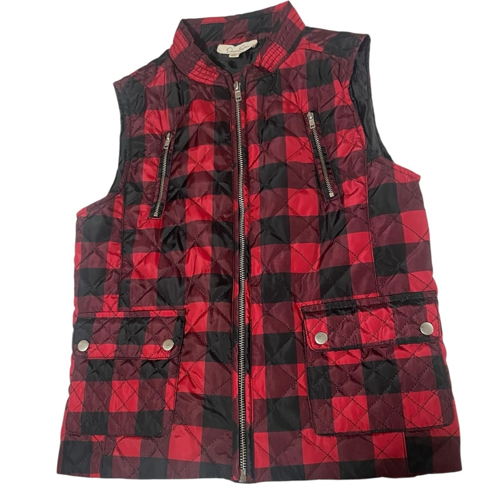 Jessica Simpson red black buffalo plaid quilted vest girl size XL 14/16 cabin